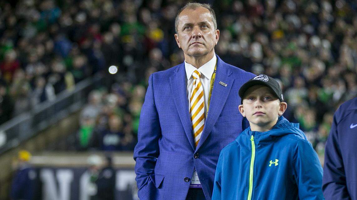 Atlantic Coast Conference commissioner Jim Phillips watches the North Carolina vs Notre Dame football game on Saturday, October 30, 2021 in South Bend, Indiana.