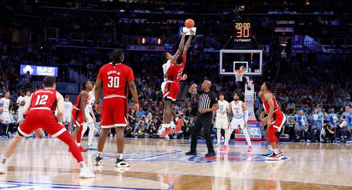 N.C. State and North Carolina tipoff the championship game of the 2024 ACC Men’s Basketball Tournament at Capital One Arena in Washington, D.C., Saturday, March 16, 2024.