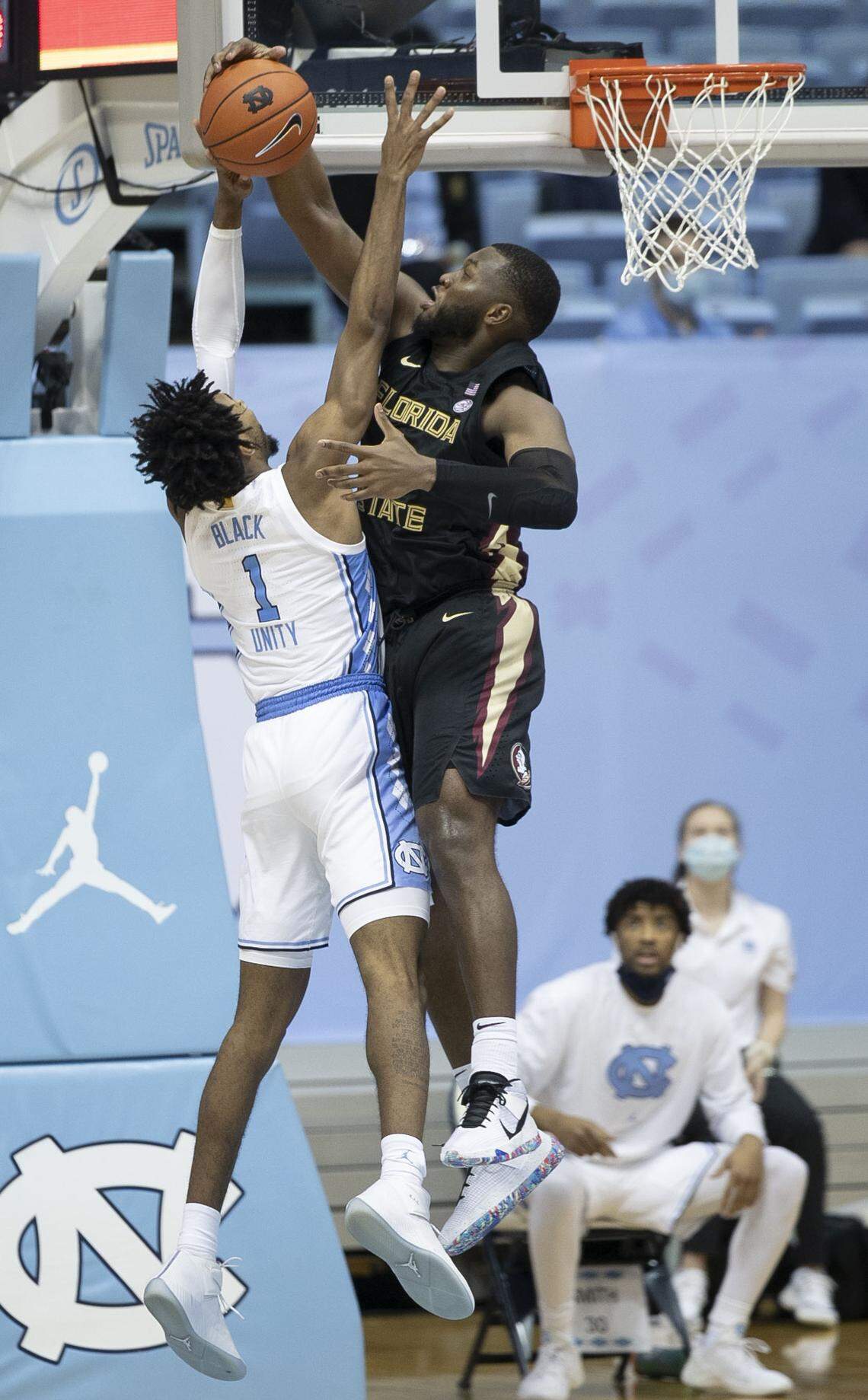Florida State’s RaiQuan Gray (1) blocks a shot by North Carolina’s Leaky Black (1) during the second half on Saturday, February 27, 2021 in Chapel Hill, N.C.