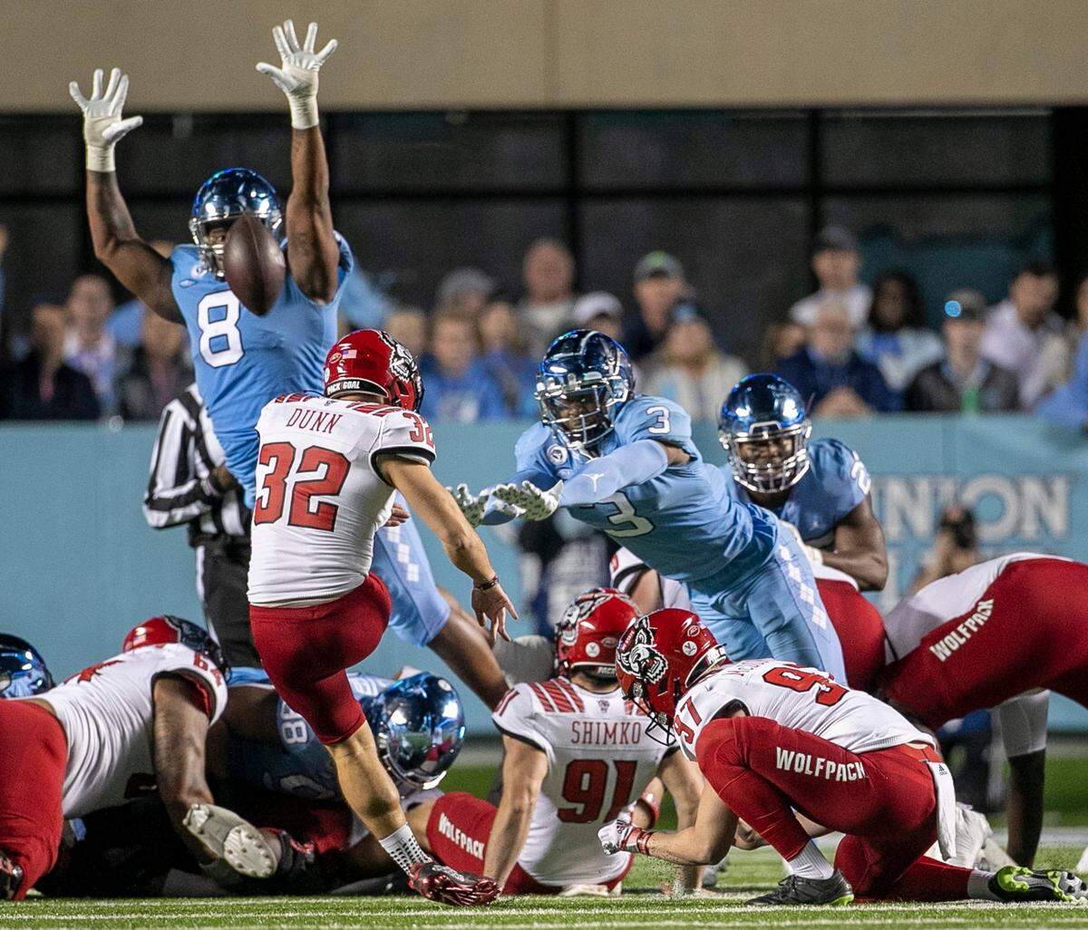 N.C. State’s Christopher Dunn misses a 43-yard field goal attempt in the third quarter against North Carolina on Friday, November 25, 2022 at Kenan Stadium in Chapel Hill, N.C.