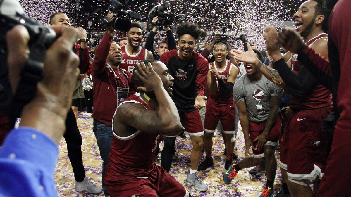 North Carolina Central guard C.J. Wiggins celebrates after the Eagles won the 2018 MEAC Tournament championship on March 10.