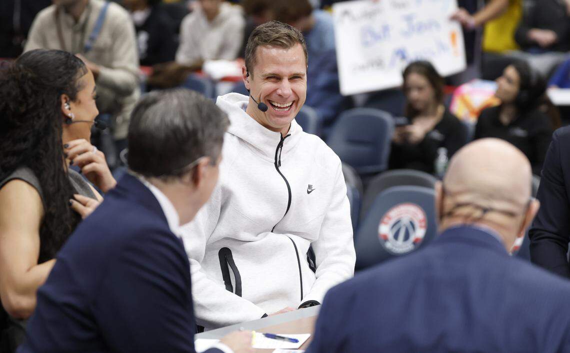 Duke head coach Jon Scheyer laughs while talking with ESPN’s College GameDay during the Blue Devils’ open practice at Capital One Arena in Washington, D.C., Saturday, Feb. 21, 2026.