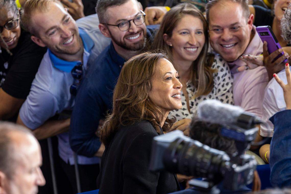 Vice President Kamala Harris greets supporters following a rally at Coastal Credit Union Music Park at Walnut Creek in Raleigh on Wednesday, Oct. 30, 2024.