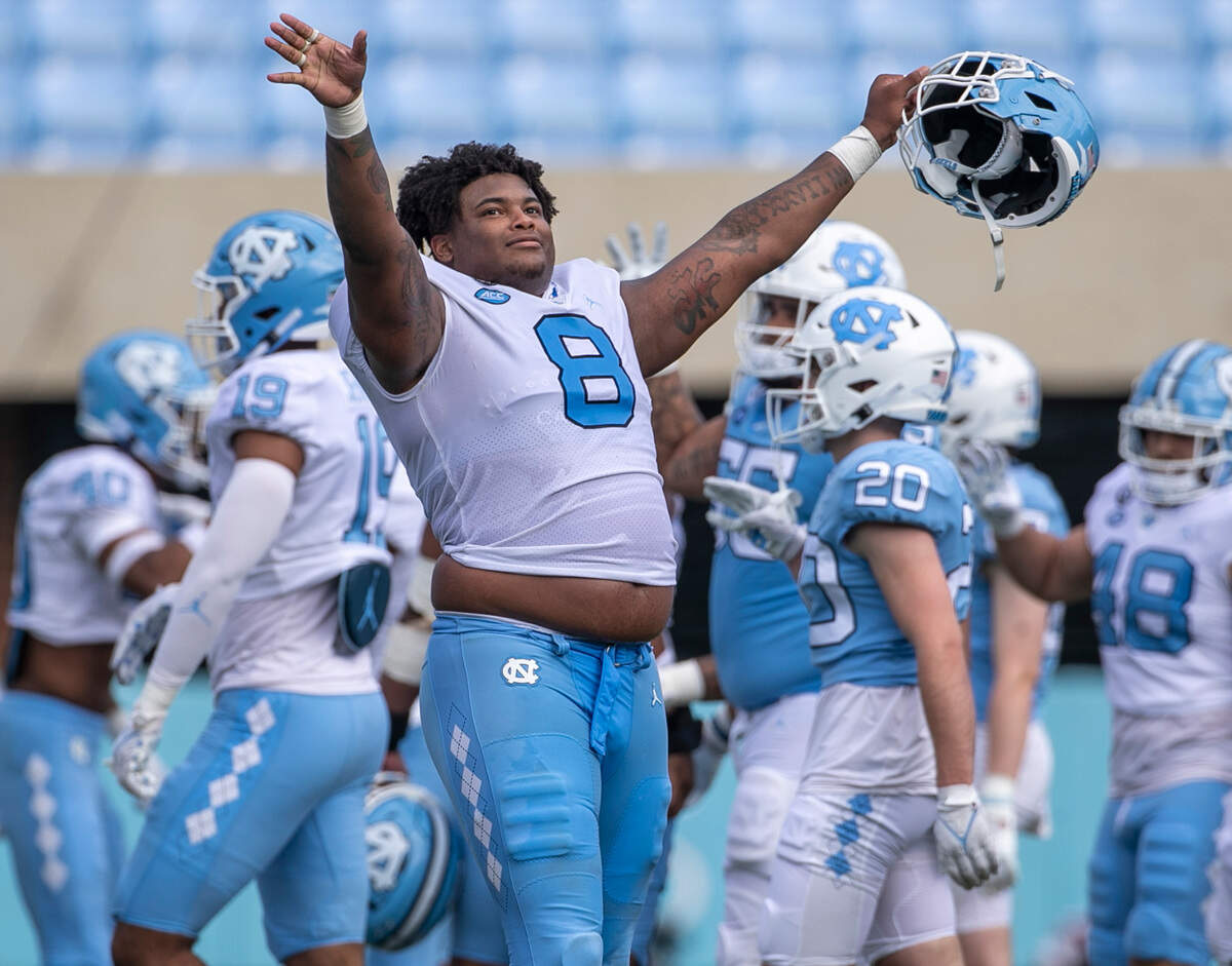 North Carolina defensive lineman Myles Murphy (8) celebrates after a defensive stop during the Tar Heels’ spring football game on Saturday, April 15, 2023 at Kenan Stadium in Chapel Hill, N.C.