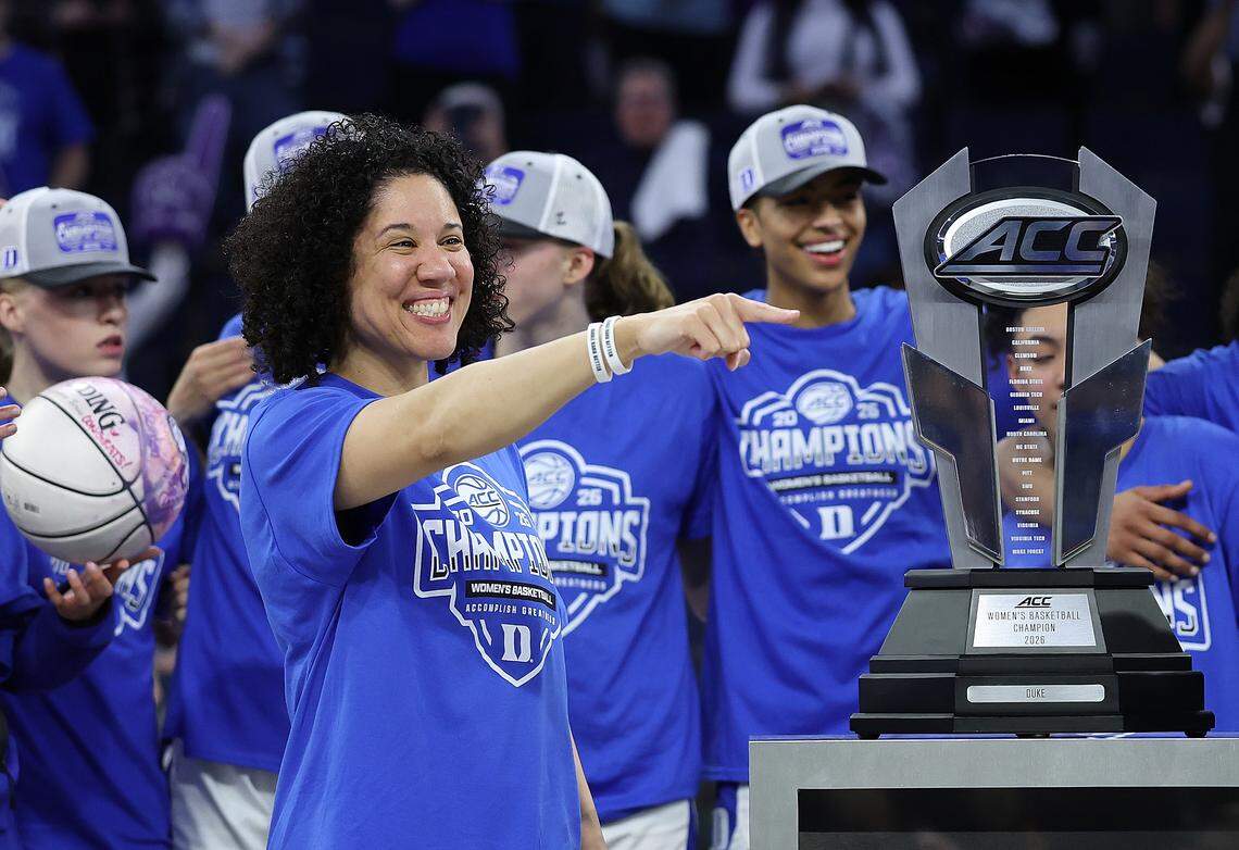 Head coach Kara Lawson of the Duke Blue Devils celebrates winning the Women's ACC Championship over the Louisville Cardinals at Gas South Arena on March 8, 2026 in Duluth, Georgia.