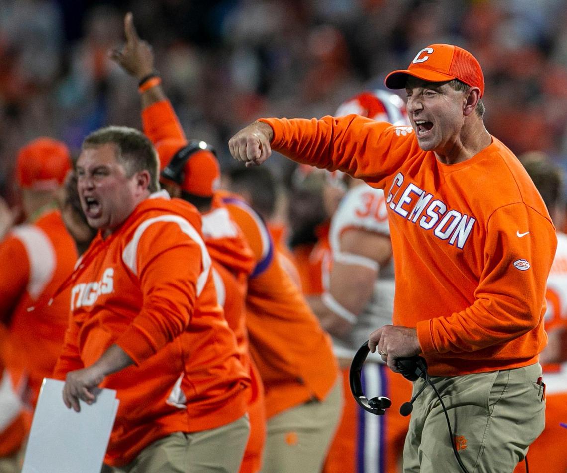 Clemson coach Dabo Swinney reacts after the Tigers blocked a 31-yard field goal attempt by North Carolina’s Noah Burnette in the second quarter on Saturday, December 3, 2022 at Bank of American Stadium in Charlotte, N.C.
