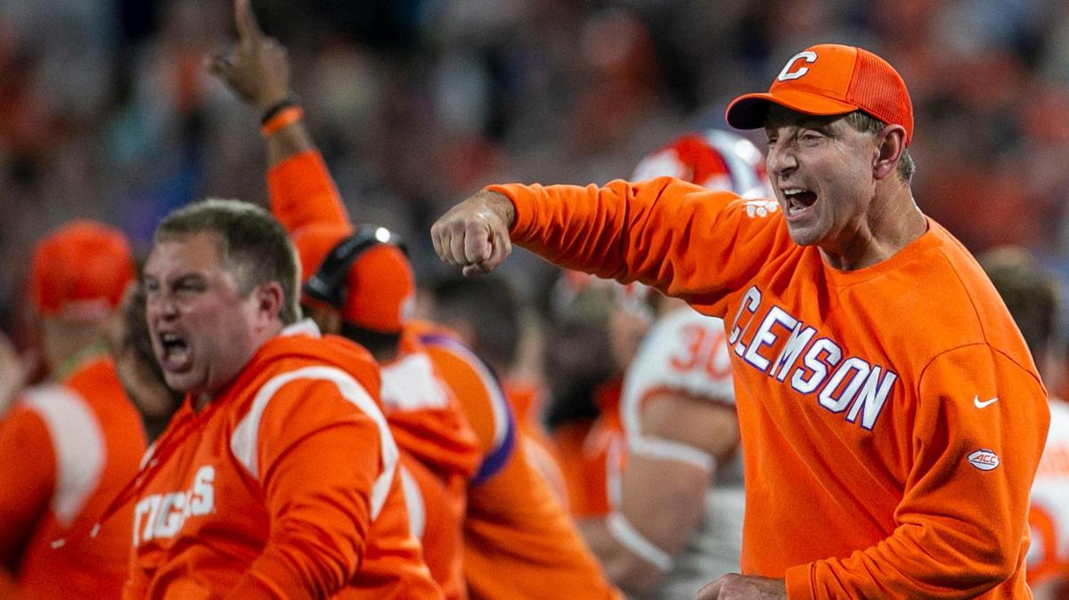 Clemson coach Dabo Swinney reacts after the Tigers blocked a 31-yard field goal attempt by North Carolina’s Noah Burnette in the second quarter on Saturday, December 3, 2022 at Bank of American Stadium in Charlotte, N.C.