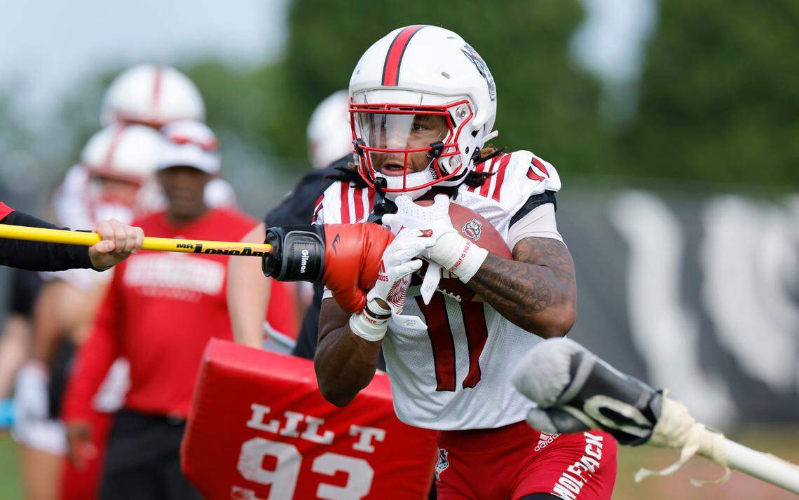 N.C. State tight end Juice Vereen (11) runs drills during the Wolfpack’s first fall practice in Raleigh, N.C., Wednesday, August 2, 2023.