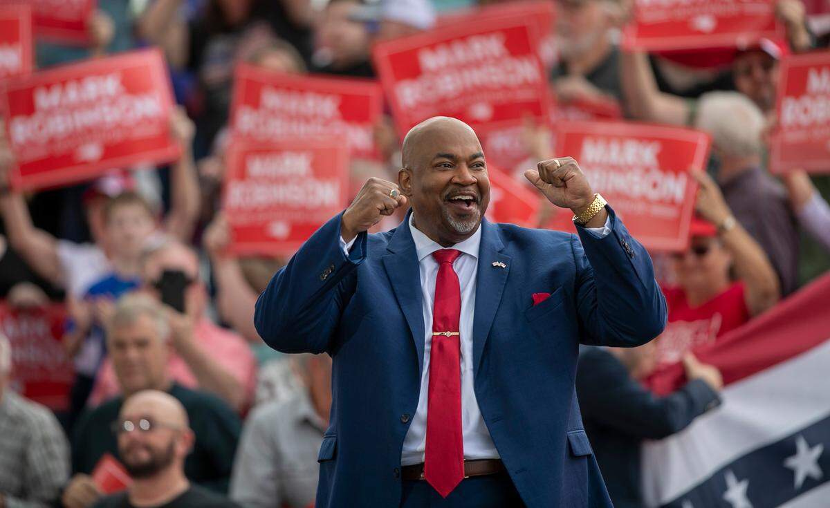 North Carolina Lt. Governor Mark Robinson arrives for a rally where he announced his candidacy for governor of North Carolina on Saturday, April 22, 2023 at Ace Speedway in Elon, N.C.