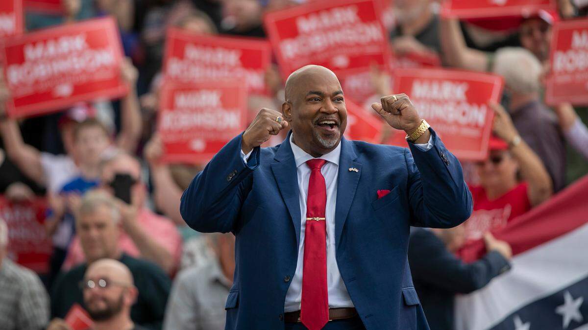 North Carolina Lt. Governor Mark Robinson arrives for a rally where he announced his candidacy for governor of North Carolina on Saturday, April 22, 2023 at Ace Speedway in Elon, N.C.