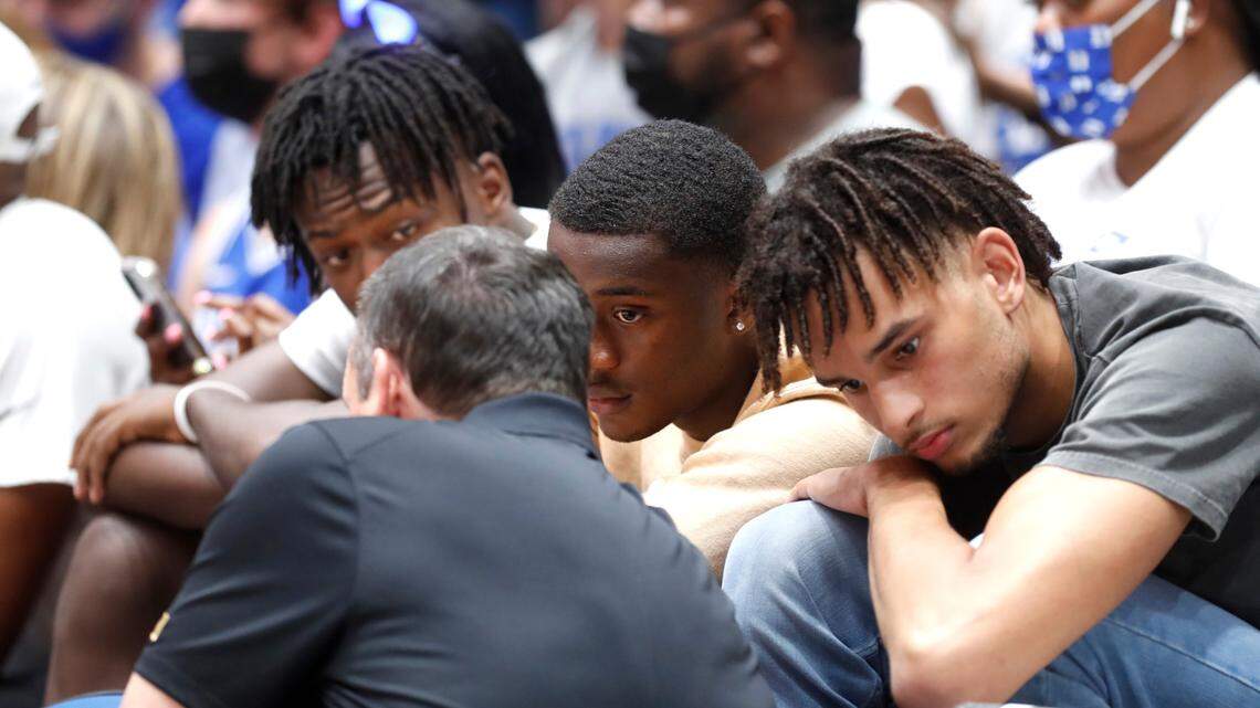 Duke head coach Mike Krzyzewski talks with potential recruit Mark Mitchell, left, along with recruits Dariq Whitehead, center, and Dereck Lively during Countdown to Craziness at Cameron Indoor Stadium in Durham, N.C., Friday, October 15, 2021.