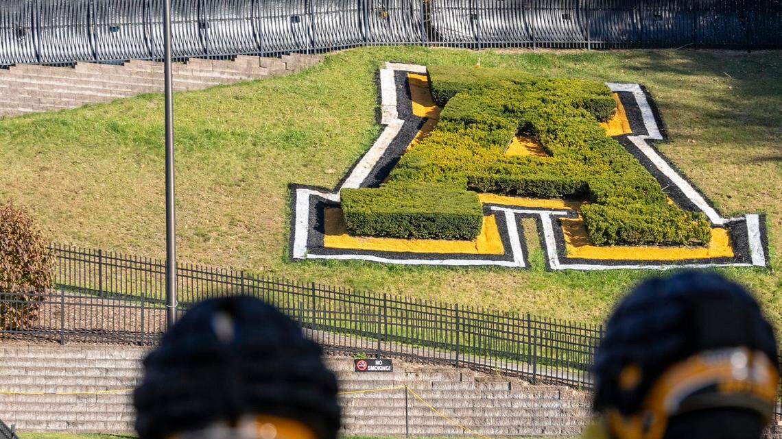 A large topiary ‘A’ shines in the afternoon sun during the AppState Mountaineers’ football practice at Appalachian State University in Boone, NC, on Wednesday, Oct. 23, 2024.