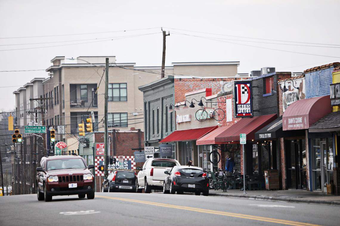 A view of Ninth Street in Durham on Wednesday, Jan. 27, 20221. The area has traditionally been known for its small local businesses but has changed over the years to include chain stores and high-rise apartment buildings.