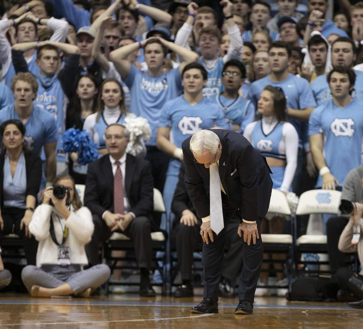 North Carolina coach Roy Williams reacts to a foul against his team in the first half against Virginia on Monday, February 11, 2019 at the Smith Center in Chapel Hill, N.C.