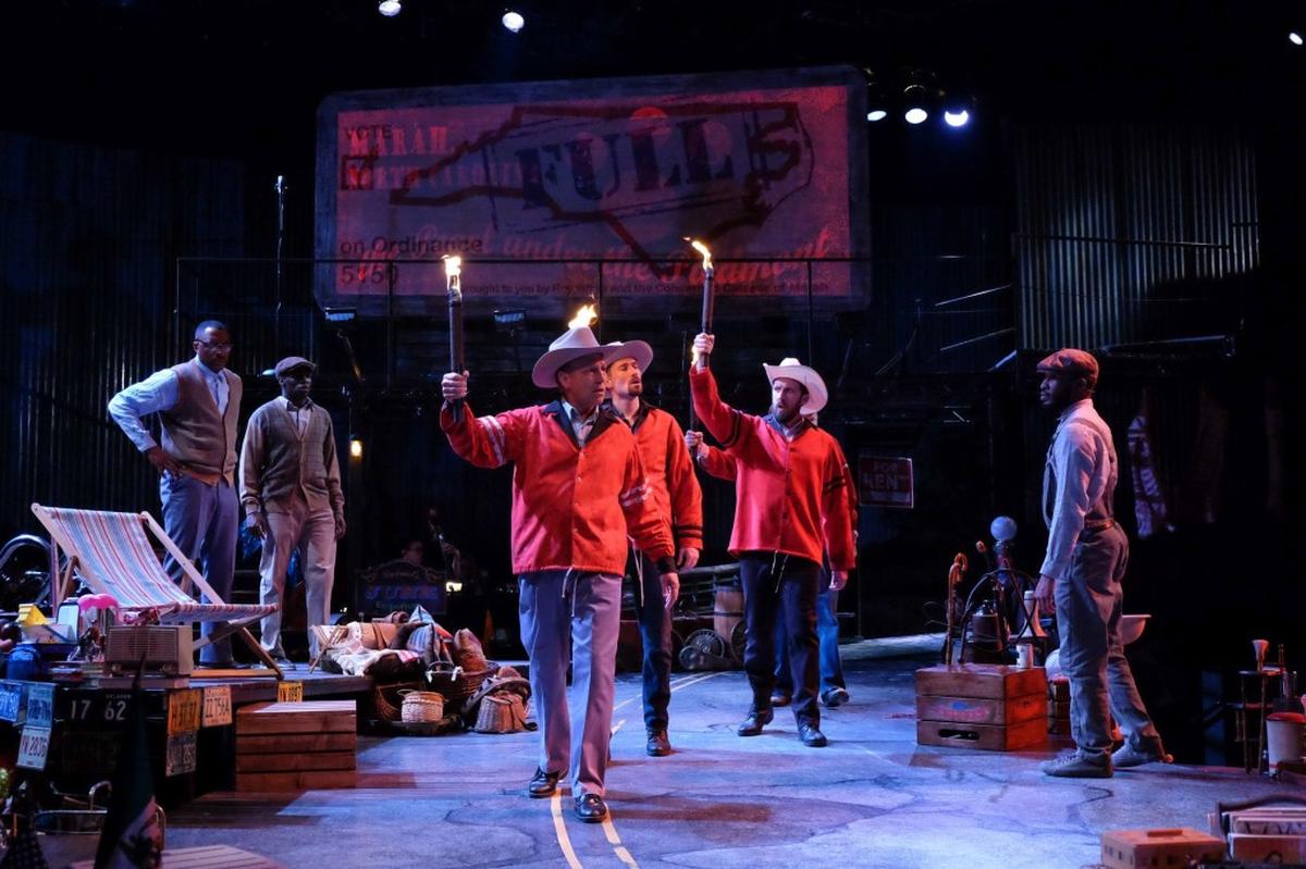 From left, Samuel Ray Gates as Adam, Alex Givens as Seth, Jeffrey B. Cornell as Jacob Lynn, Geoffrey Culbertson as Ezekiel, Daniel Toot as Foreman, and Tristan Parks as Moses Lightfoot in PlayMakers Repertory Company's production of “Leaving Eden.”