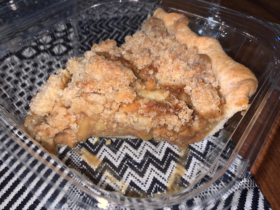 Irregardless Cafe in Raleigh has an already well-established catering operation, making delivery during the coronavirus a no-brainer. Irregardless also offers no-contact curbside pickup. This is the apple crumb pie.