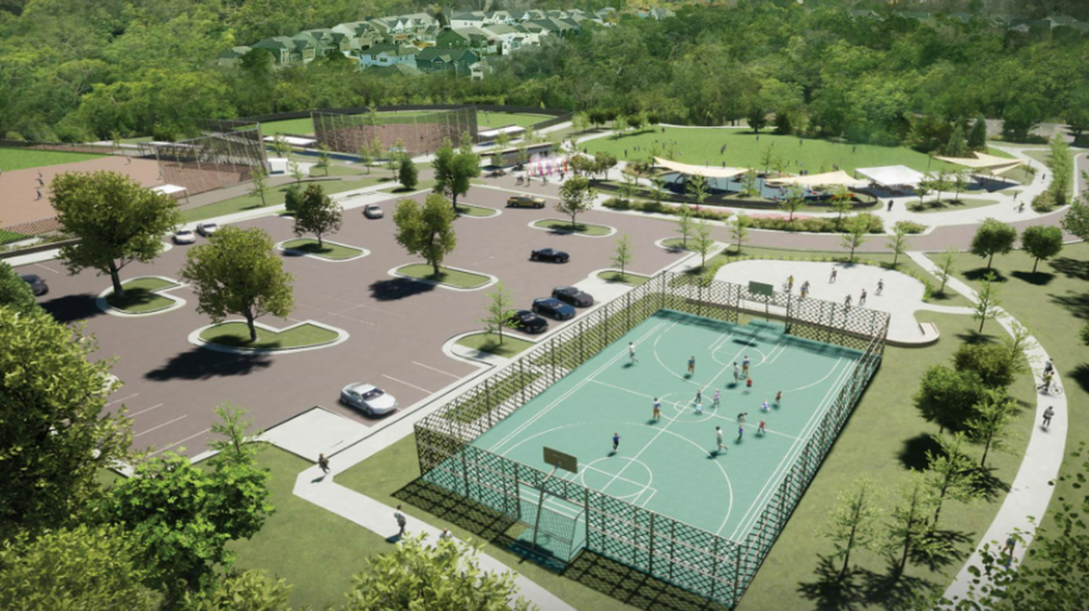 A basketball court, dog park, playground and two lighted fields are among the features at the Neighborhood Park at Carpenter Fire Station Road. The park is partially open for use.