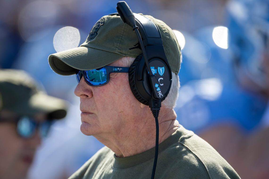 North Carolina coach Mack Brown watches his team as they line for kickoff against Campbell on Saturday, November 4. 2023 at Kenan Stadium n Chapel Hill, N.C.