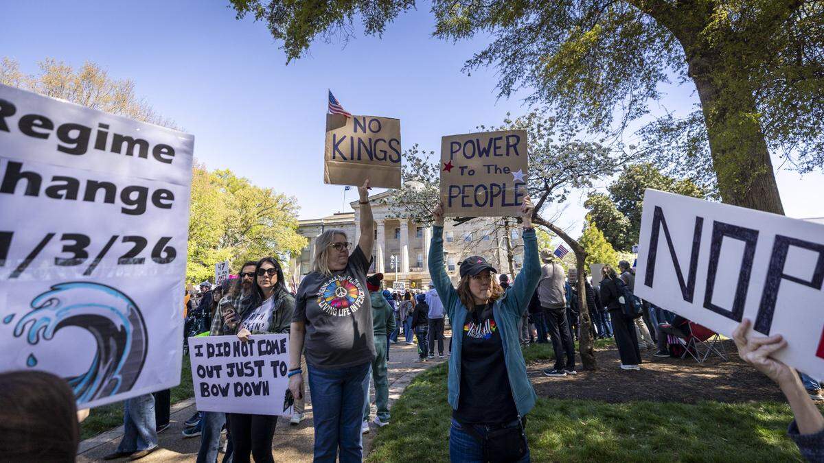 Hundreds of demonstrators gather outside the North Carolina State Capitol in Raleigh on Saturday, March 28, 2026, during a “No Kings” protest against President Donald Trump and his agenda. More than 70 cities and towns across North Carolina participated in nationwide protests Saturday.