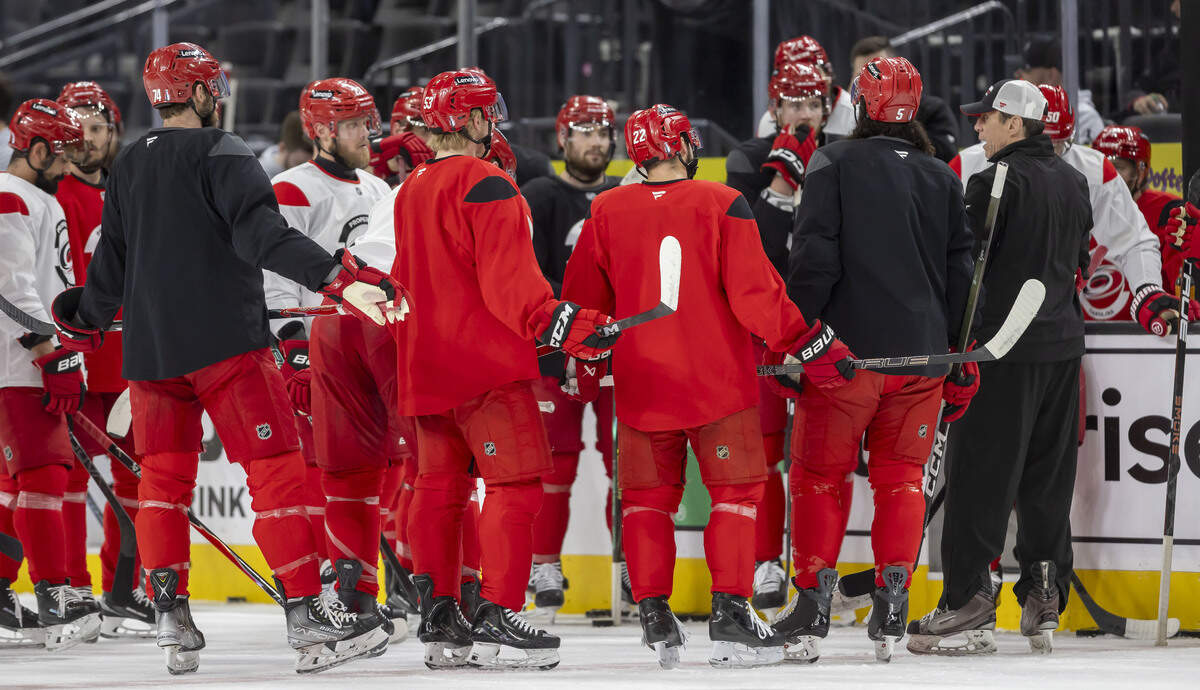 Carolina Hurricanes coach Rod Brind’Amour huddles with his players at the conclusion of practice on Monday, June 8, 2026 at T-Mobile Arena in Las Vegas, NV.