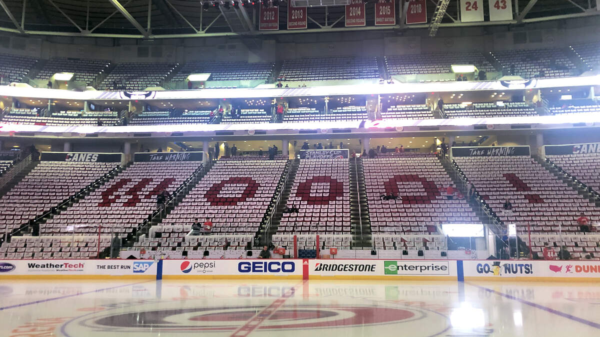 The Carolina Hurricanes have given out towels for every playoff home game, and the team’s promotional staff has used the towels to spell words in the stands like “WOO!” “JERKS” and “NOISE” among other messages.
