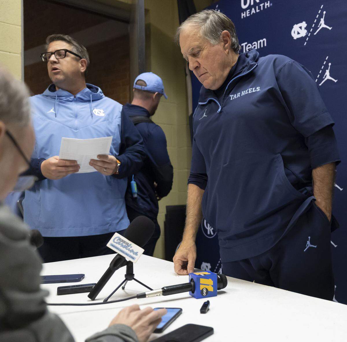 North Carolina coach Bill Belichick meets with the media following the Tar Heels’ 28-12 loss to Wake Forest on Saturday, November 15, 2025 at Allegacy Stadium in Winston-Salem, N.C.
