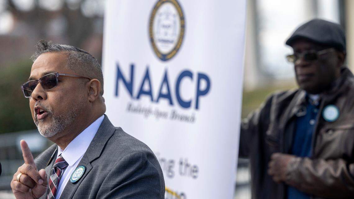 Dr. Mark S. Vasconcellos, President Raleigh-Apex NAACP, addresses the conviction of Henderson Atwater during a press briefing outside the North Carolina General Assembly on Tuesday, December 31, 2024 in Raleigh, N.C. Vasconcellos called for an investigation into the prosecution of Atwater, a Holly Springs man who maintains his innocence, but was a convicted in a series of pellet gun shootings in 2020- 2021.