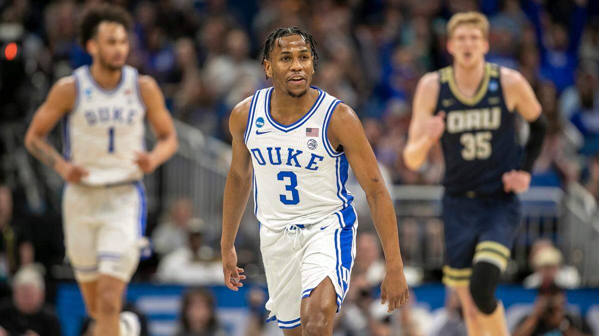 Duke’s Jeremy Roach (3) reacts after sinking a three point basket against Oral Roberts in the first half during the first round of the NCAA Tournament on Thursday, March 16, 2023 at the Amway Center in Orlando, Fla. Roach lead all scores with 23 points in the Blue Devils’ 74-51 victory.