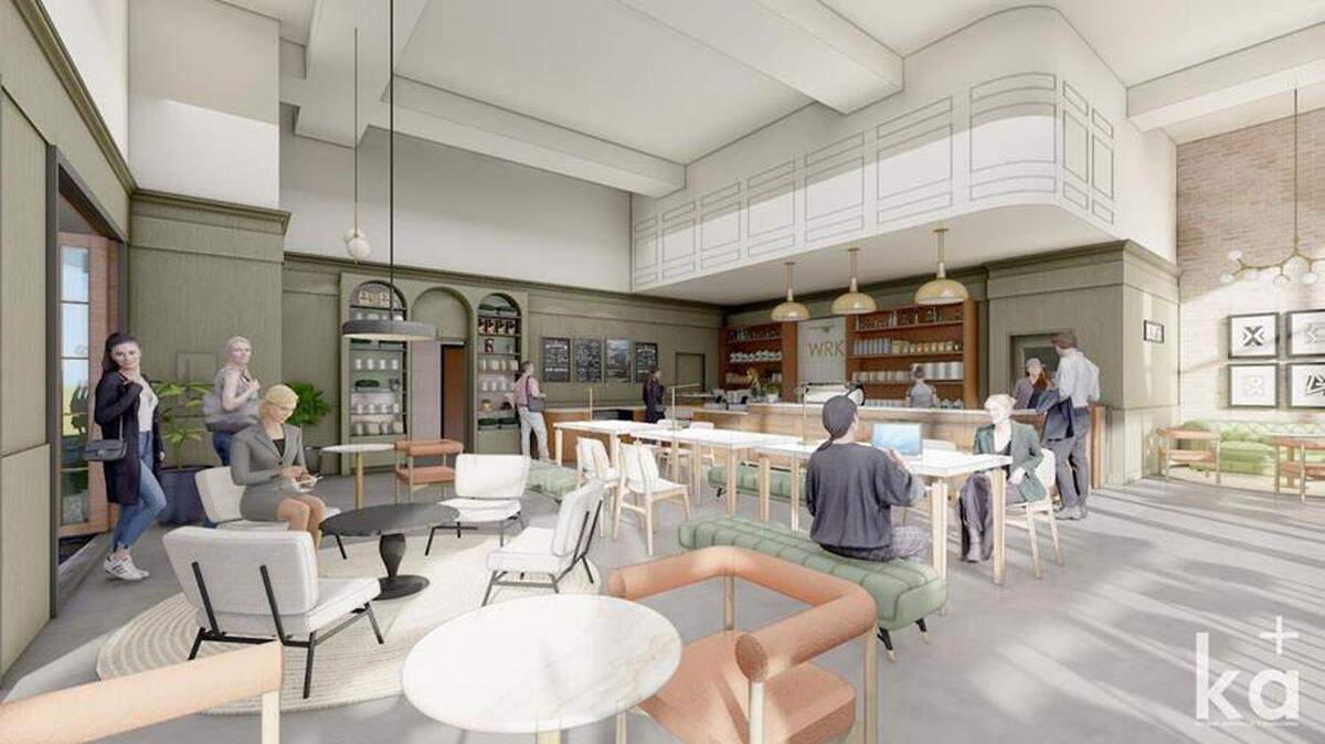 A rendering of WRK by The Optimist, a new coffee shop coming to The Exchange Raleigh in Midtown. Developed by Dewitt Carolinas, the billion-dollar mixed-use project is under construction in Midtown.
