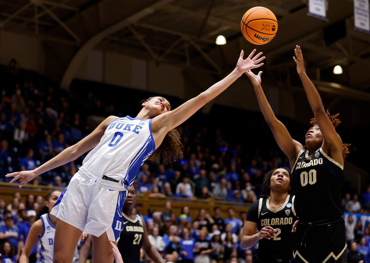 Duke’s Celeste Taylor and Colorado’s Jaylyn Sherrod leap for a rebound during the second half of the Blue Devils’ 61-53 loss to Colorado in an NCAA Tournament second round game at Cameron Indoor Stadium on Monday, March 20, 2023, in Durham, N.C.