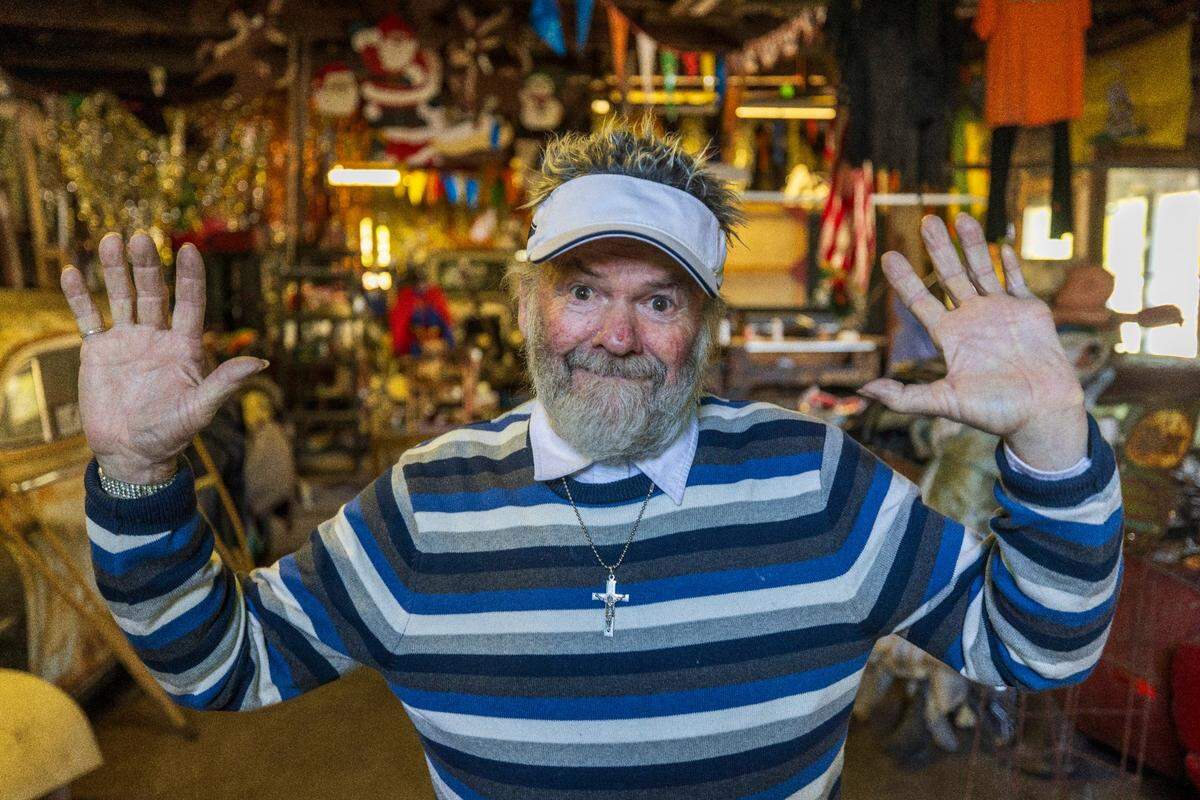 “Crazy Dale” Varnam photographed in his Fort Apache on Thursday, February 22, 2024 in Varnamtown, N.C. Fort Apache, Varnam’s creation is an odd collection of old cars, mannequins, toilet bowls, signs and Christmas lights.