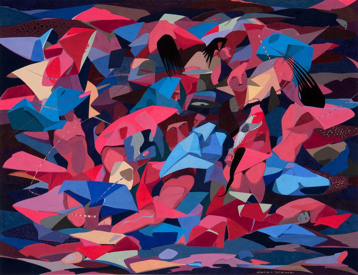 Oscar Howe, “Dance of the Heyoka,” 1954 (detail). Watercolor on paper. It is part of “Art for a New Understanding: Native Voices, 1950s to Now” at the Nasher Art Museum.