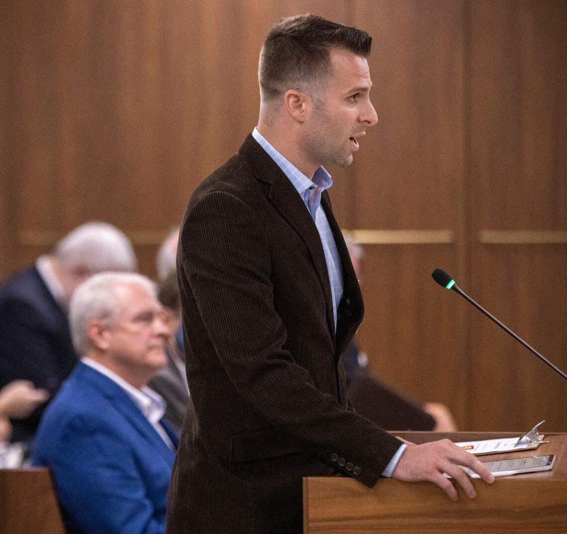 Veteran Sam Roberts describes the positive benefits of using medical marijuana during a Senate committee meeting on SB 711 on Thursday, August 26, 2021 in Raleigh, N.C. SB 711, if passed, would would legalize medical marijuana in North Carolina.