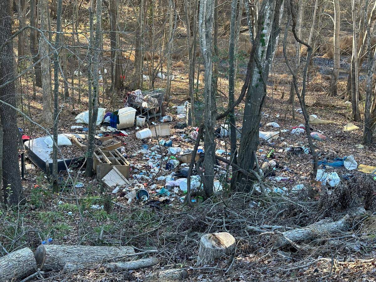 Trash and debris in the woods along the exit ramp from eastbound Interstate 40 to southbound South Saunders Street in Raleigh. The N.C. Department of Transportation is working on a plan to clean up the site.