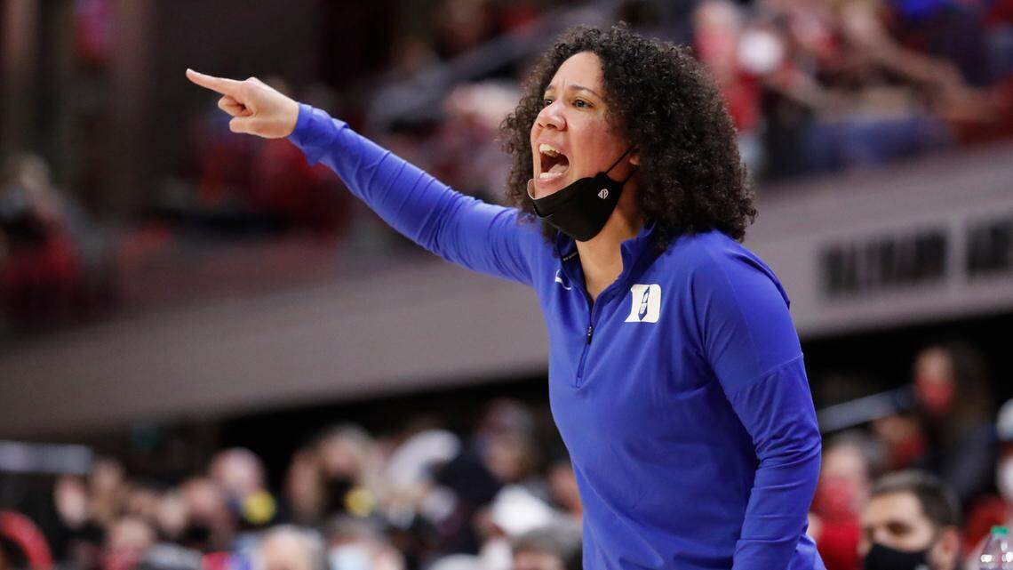 Duke head coach Kara Lawson yells to her team during the first half of N.C. State’s game against Duke at Reynolds Coliseum in Raleigh, N.C., Sunday, January 16, 2022.