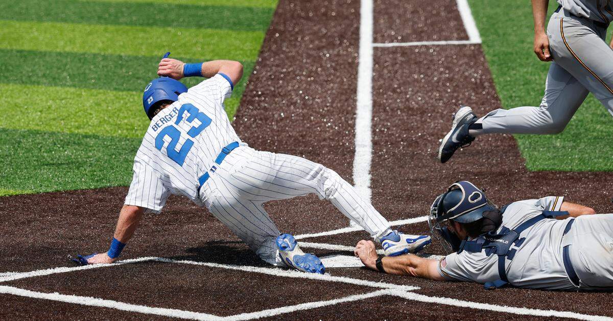 Duke’s Jake Berger (23) scores before the tag of Murray State’s Will Vierling (17) on a wild pitch in the fourth inning during Duke’s game against Murray St. in the first game of Durham Super Regional at Jack Coombs Field in Durham, N.C., Sat. June 7, 2025.
