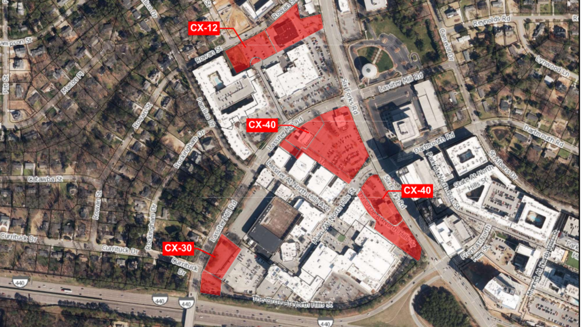 This map shows the proposed height of buildings that are included in the North Hills rezoning request.