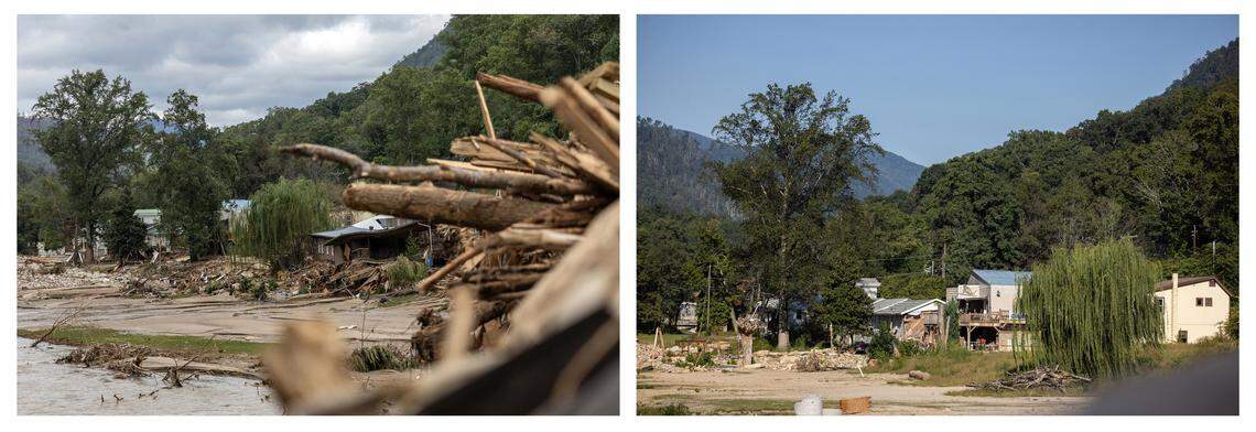 At left, splintered trees and debris clogged the area around damaged and destroyed homes along Lake Lure the day after Helene hit. A year later (right), much of the debris is gone, although damaged homes remain.
