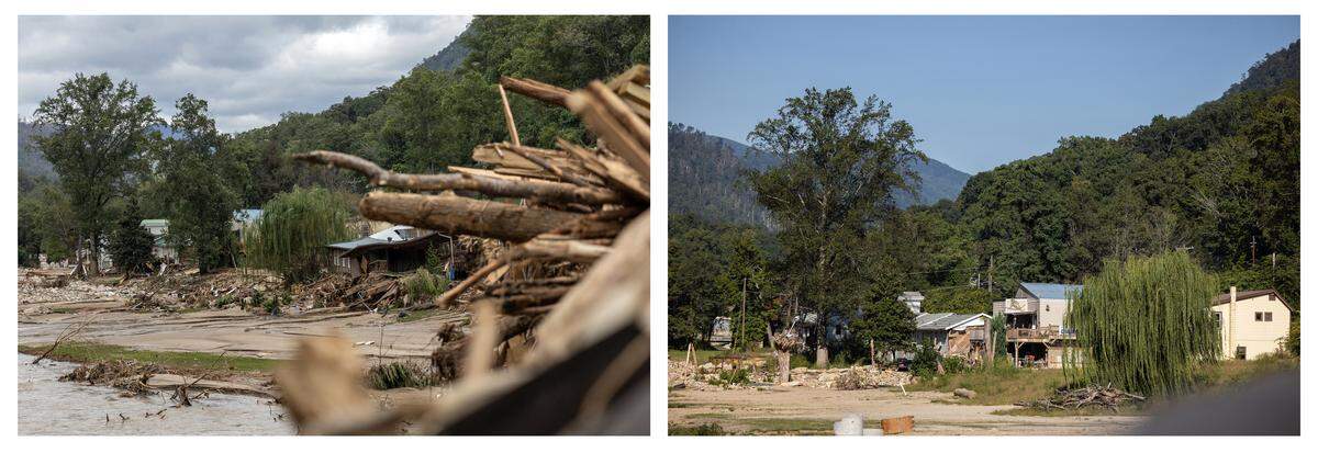 At left, splintered trees and debris clogged the area around damaged and destroyed homes along Lake Lure on Sept. 28, 2024.  A year later, much debris is gone, but damaged residences remain.