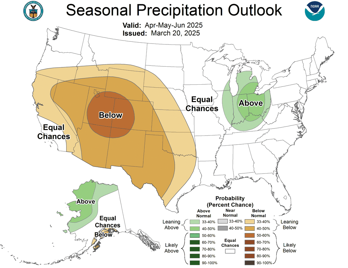 Forecasters say North Carolina has even chances of above- and below-average rainfall in Spring 2025, suggesting that overall, rainfall amounts will be close to average from April through June.