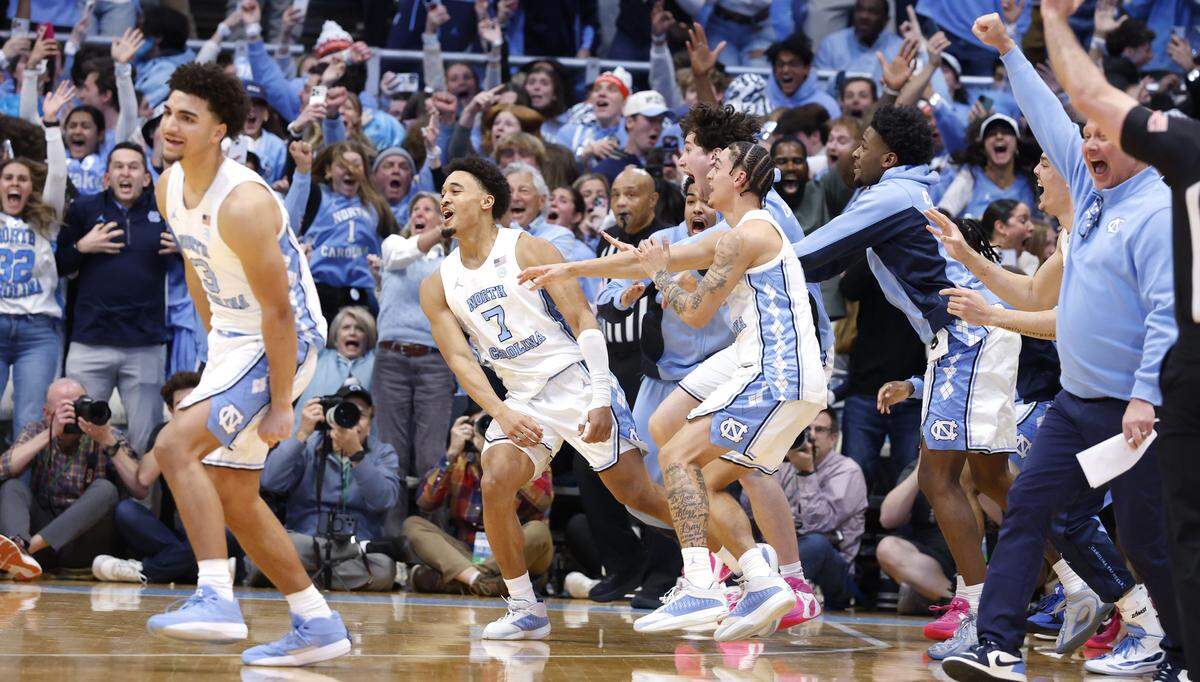 North Carolina's Seth Trimble (7) celebrates after making the game winning basket in UNC’s 71-68 victory over Duke at the Dean E. Smith Center in Chapel Hill, N.C., Saturday, Feb. 7, 2026.