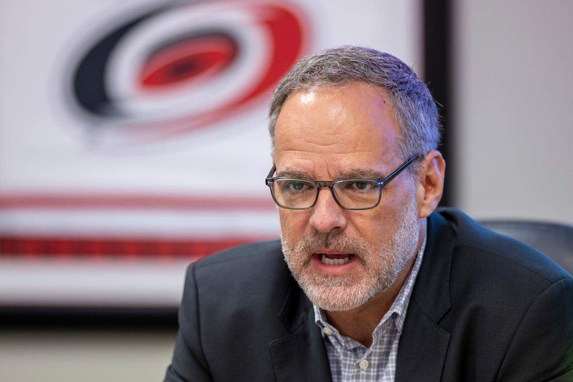 Consultant Dan Barrett makes his presentation before the Centennial Authority Board on Tuesday, August 15, 2023 at PNC Arena in Raleigh, N.C. The board approved the plans securing the long-term future of the Carolina Hurricanes in Raleigh, and development of the property around PNC Arena and Carter-Finley Stadium that would include housing, a hotel and a music venue.