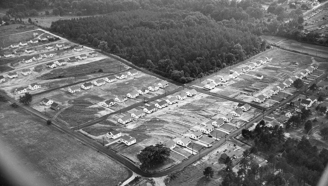Starter homes pop up in the Capitol Heights neighborhood in 1948 in the post World War ll building boom. The view looks southwest with Glascock Street running diagonally across the right side of the frame and State Street running diagonally across the left side of the frame.