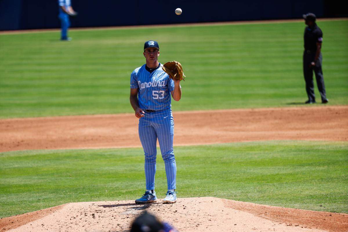 UNC pitcher Ryan Lynch throws during the ACC baseball championship game on Sunday, May 25, 2025, at Durham Bulls Athletic Park in Durham, N.C.