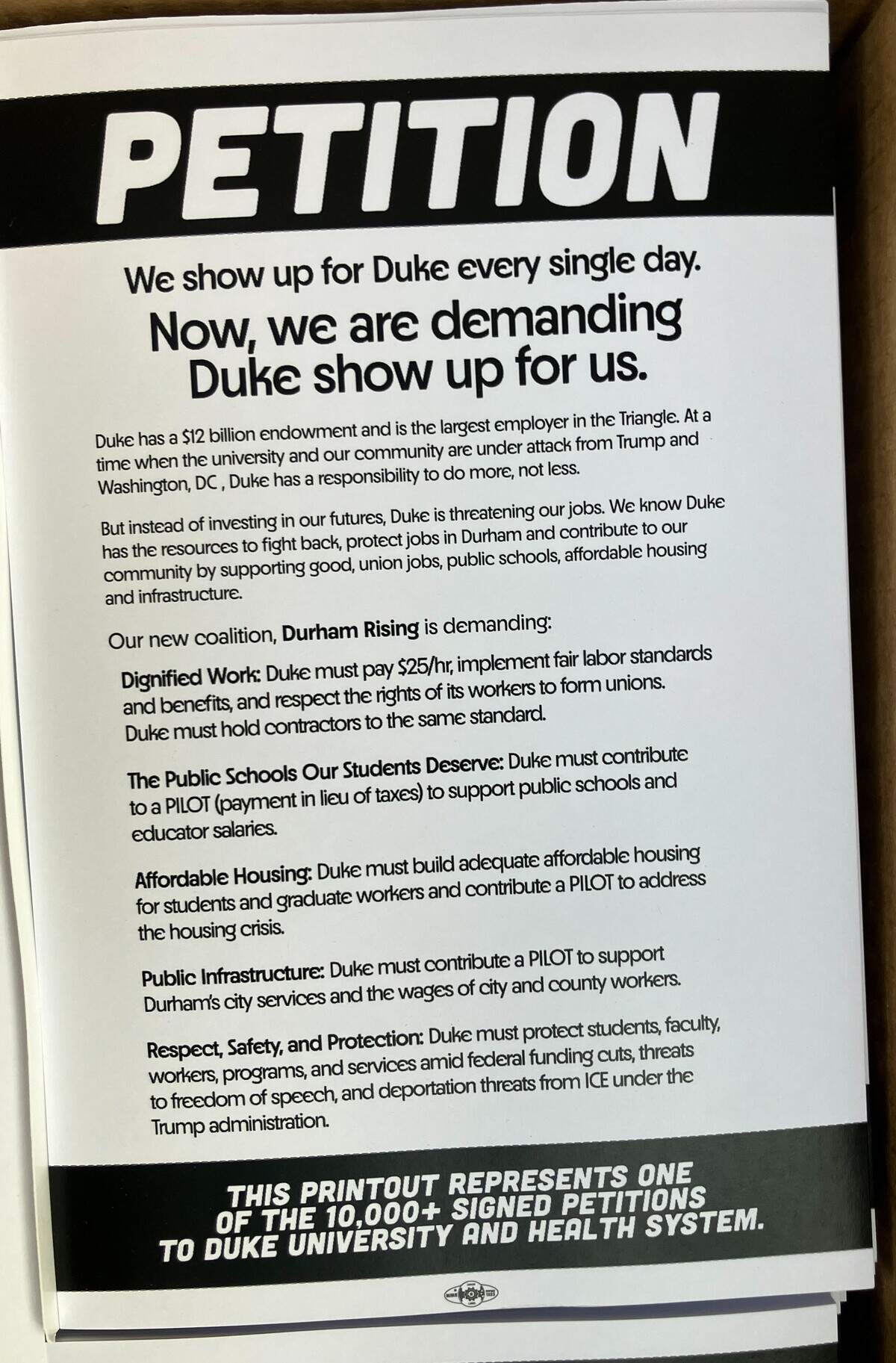 The Durham Rising coalition is calling upon Duke’s administration to invest more into the city and families as well as raise pay for Duke workers. Members of the Durham community marched and took part in a rally Sept. 25, 2025 near the Duke campus.