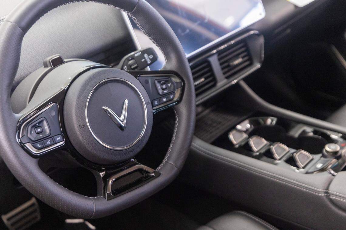 A detail view of a VinFast electric car at the new Leith VinFast dealership in Cary Thursday, Dec. 28, 2023. The Vietnamese automaker announced in March 2022 that it would open an electric vehicle assembly plant in North Carolina.