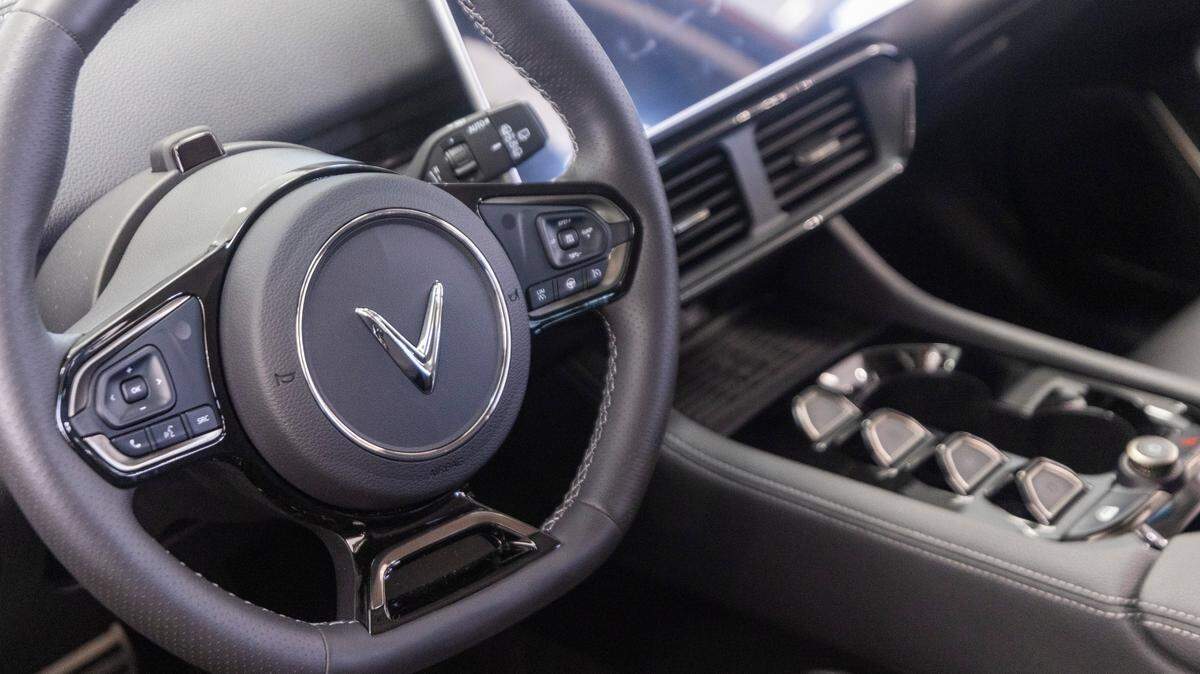 A detail view of a VinFast electric car at the new Leith VinFast dealership in Cary Thursday, Dec. 28, 2023. The Vietnamese automaker announced in March 2022 that it would open an electric vehicle assembly plant in North Carolina.