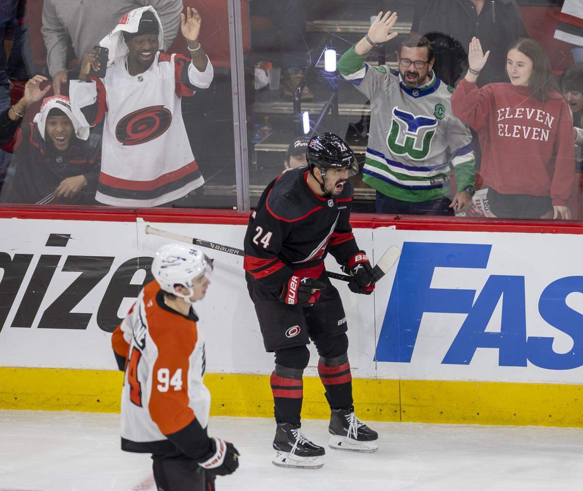 Carolina Hurricanes center Seth Jarvis (24) reacts after scoring on Philadelphia goalie Dan Vladar (80) to tie the Flyers 2-2, in the third period on Monday, May 4, 2026, during the second round of the Stanley Cup Playoffs at Lenovo Center in Raleigh, N.C.