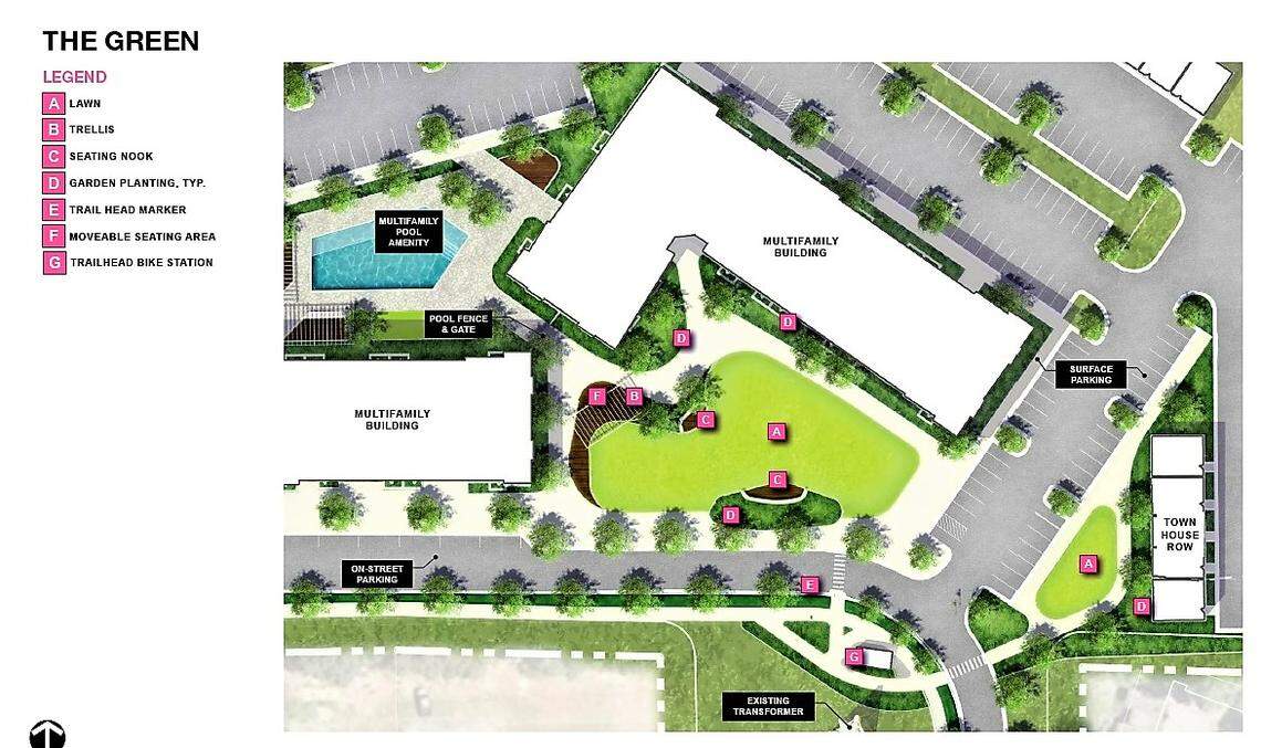 “The Green,” located on the eastern side of the Lullwater Park site, would have three-story buildings, a pool and an outdoor lounge with seating and a fire pit.