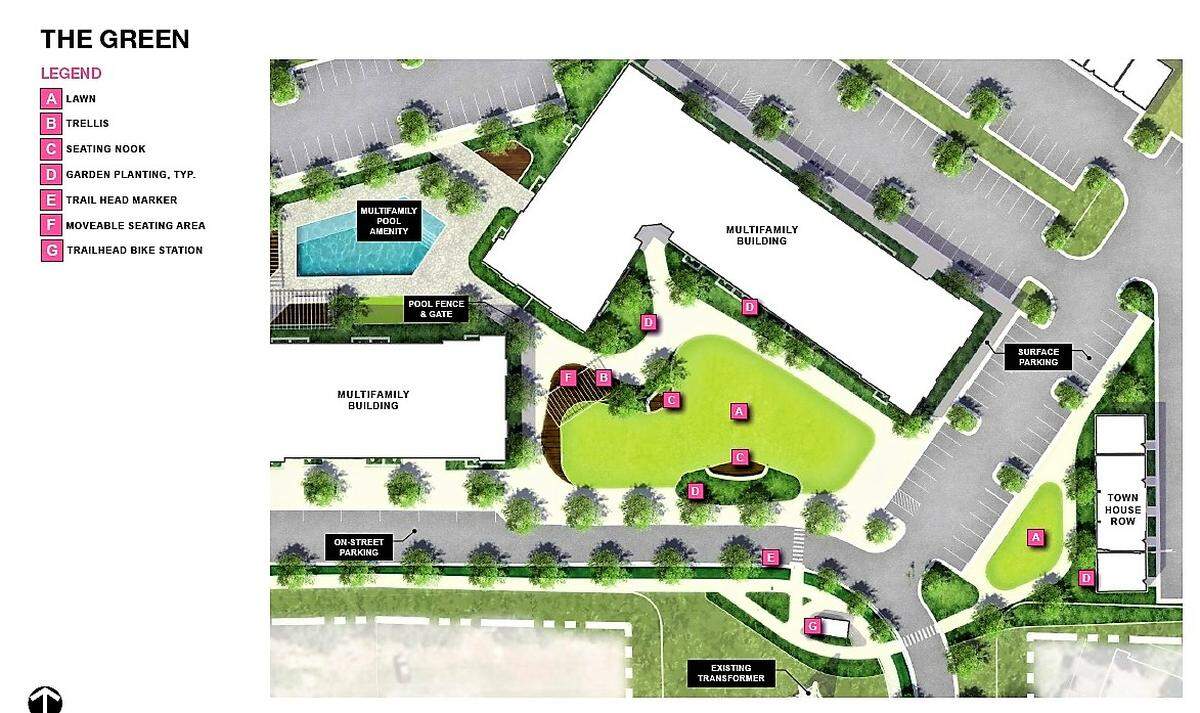 “The Green,” located on the eastern side of the Lullwater Park site, would have three-story buildings, a pool and an outdoor lounge with seating and a fire pit.